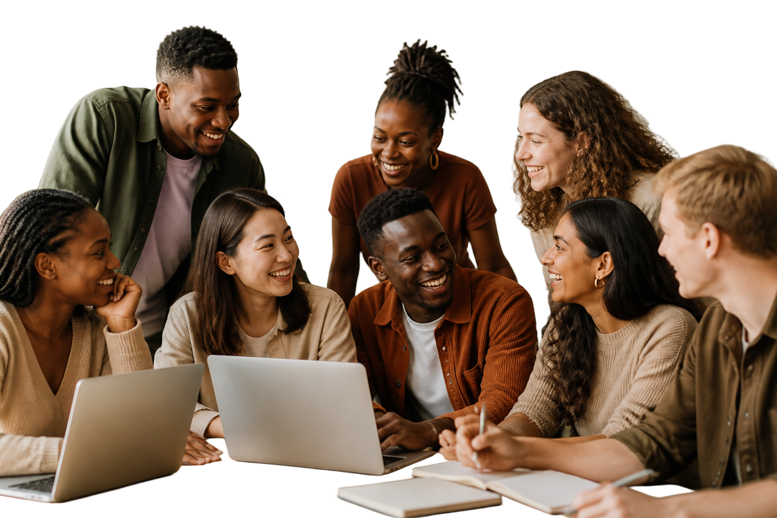 A global community of students and young professionals working together around laptops and notebooks